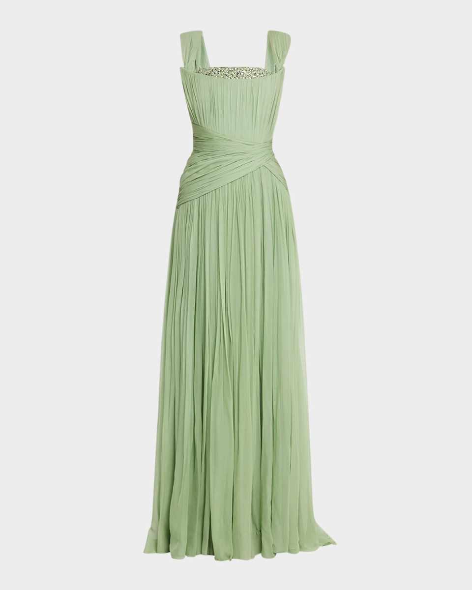 Crystal Drape Sage Chiffon Slit Gown